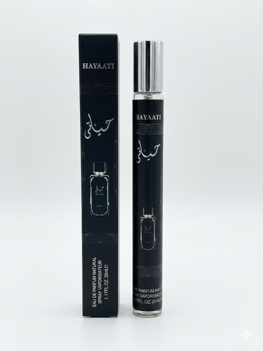 Hayaati perfume bottle and packaging on a white background