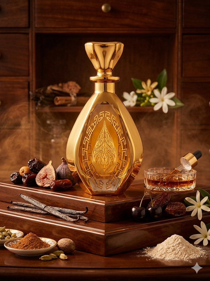Gold perfume bottle on a wooden surface with ingredients and a glass container.