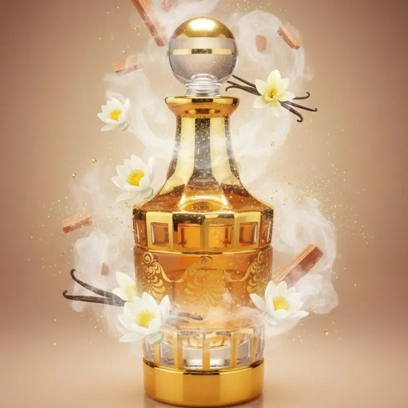 24 Karat Egyptian Musk (U) oil base warm, soft, and powdery blend with a sweet, sensual, and slightly spicy touch, featuring prominent notes of amber, sandalwood, soft florals (like lotus), and vanilla, with a light brown background