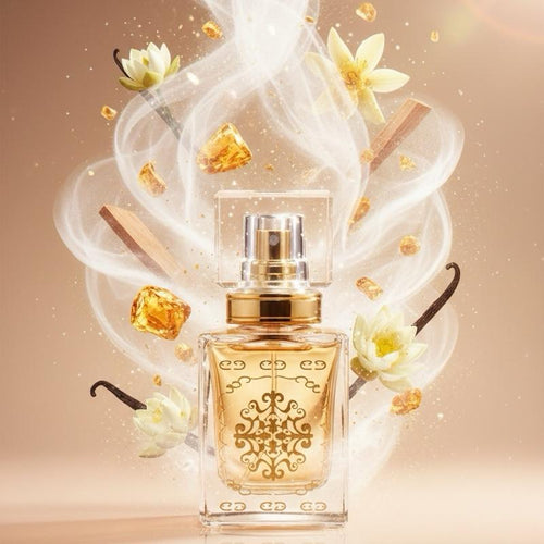 24 Karat Egyptian Musk (U) oil base warm, soft, and powdery blend with a sweet, sensual, and slightly spicy touch, featuring prominent notes of amber, sandalwood, soft florals (like lotus), and vanilla, with a light brown background