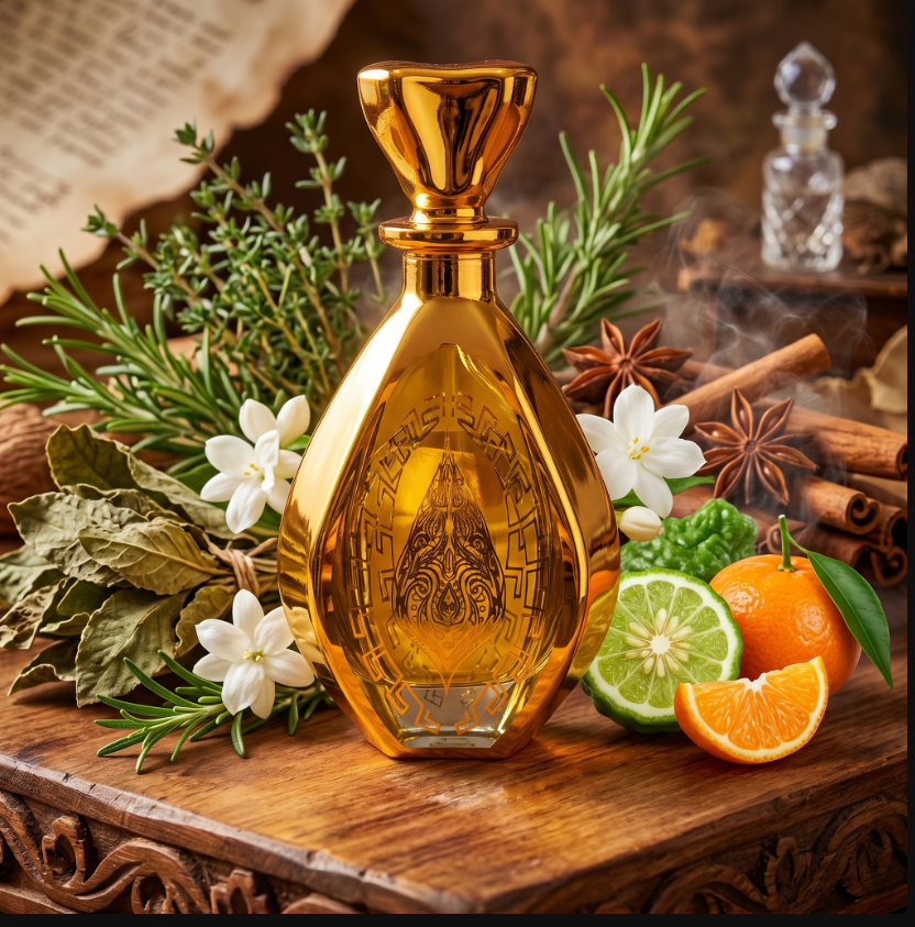 Gold perfume bottle with herbs, flowers, and citrus fruits on a wooden surface