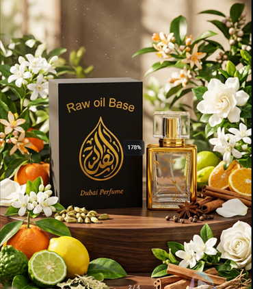 Dubai Perfume Raw oil Base packaging with a perfume bottle surrounded by flowers and fruits on a wooden surface.