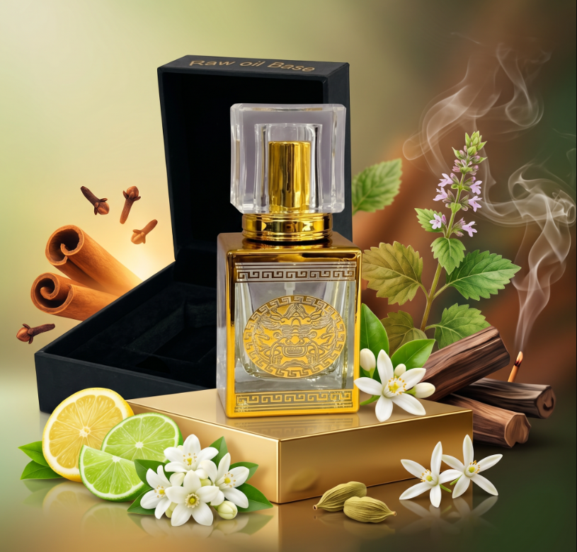 Perfume bottle with gold cap and decorative elements on a reflective surface