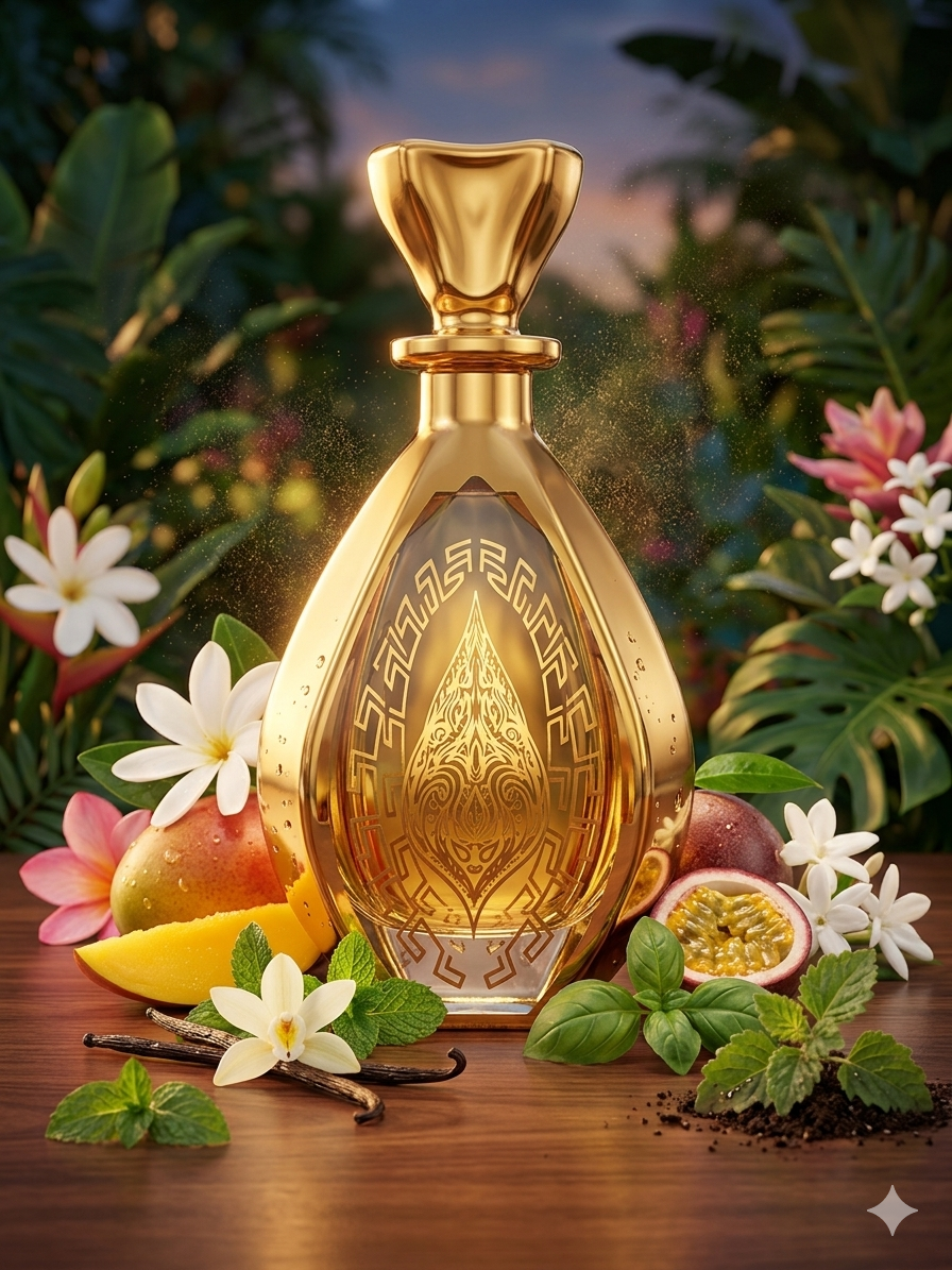 Gold perfume bottle with floral and fruit elements on a wooden surface