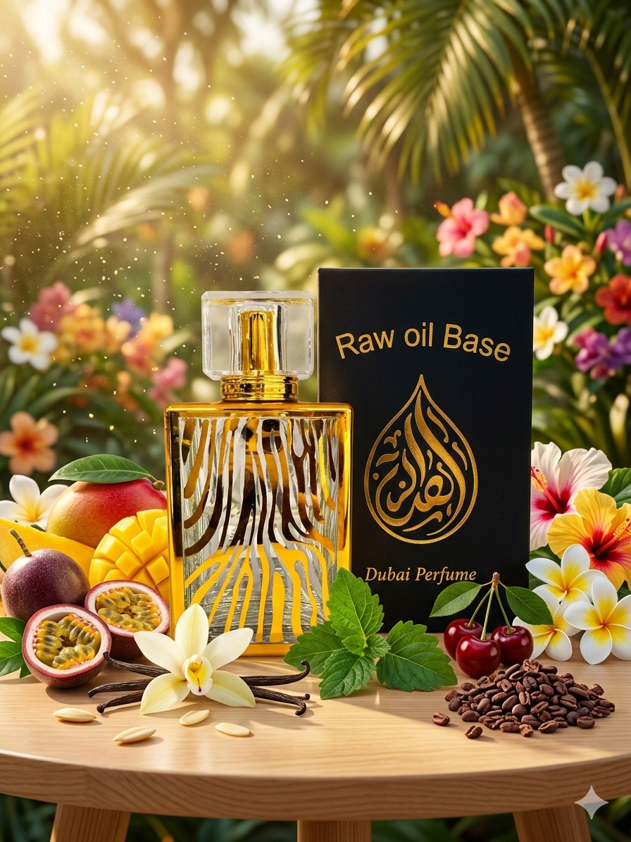 Dubai perfume bottle with ingredients and packaging on a wooden table with a tropical background
