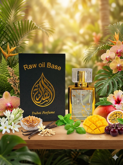 Dubai perfume with ingredients and packaging on a wooden surface with a natural background
