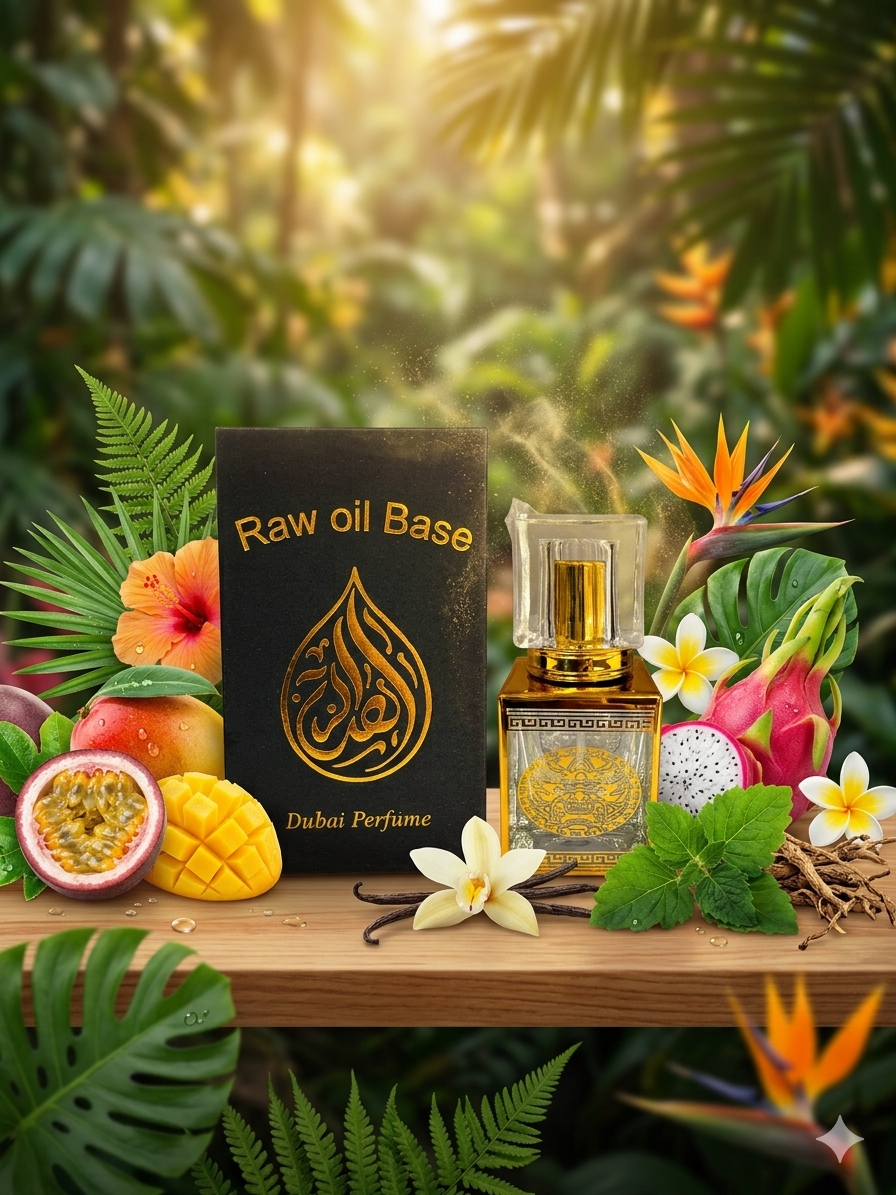 Dubai perfume bottle with 'Raw oil Base' book on a wooden surface surrounded by tropical plants and flowers.