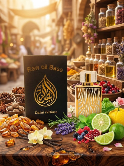 Dubai perfume with ingredients on a wooden table in a market setting