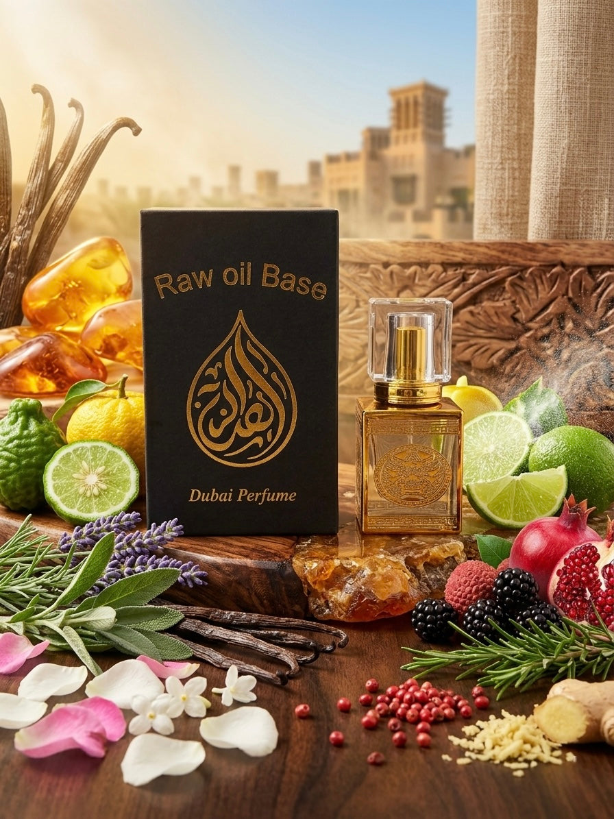 Dubai perfume with ingredients and packaging on a wooden surface
