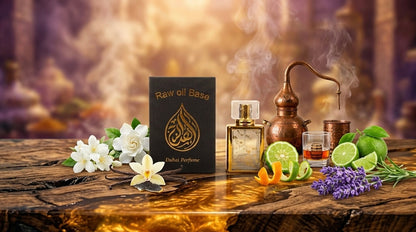 Perfume bottle with flowers, limes, and a book on a wooden table with a warm background.