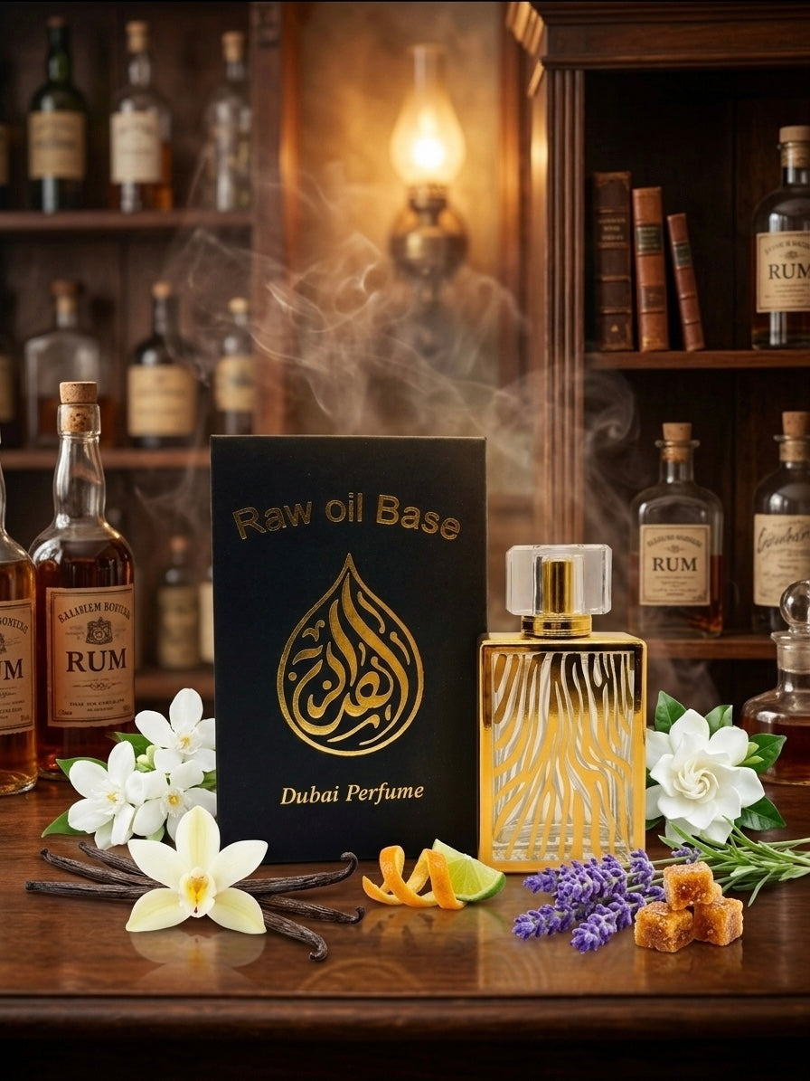 Dubai Perfume Raw oil Base with flowers and bottles in the background