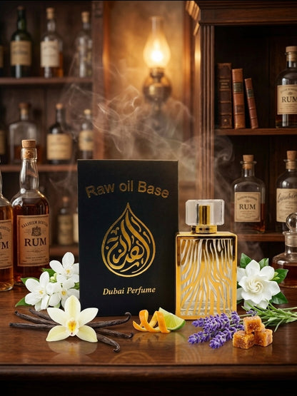 Dubai Perfume Raw oil Base with flowers and bottles in the background