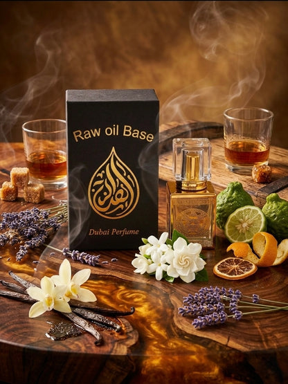 Dubai perfume with raw oil base packaging on a wooden surface with flowers and candles.