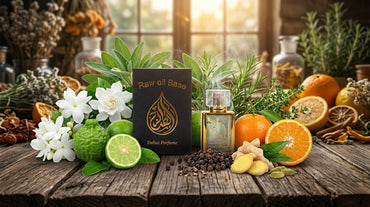 Perfume bottle with 'Dhali Perfume' packaging on a wooden table with fruits and flowers.