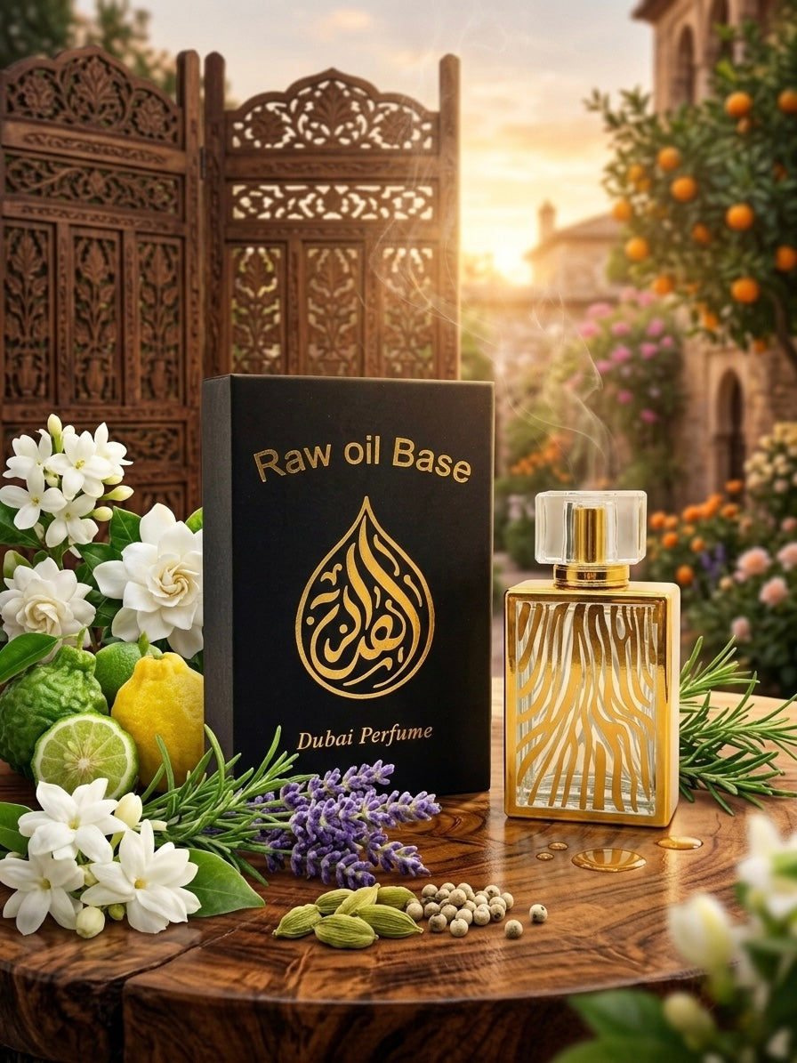 Gold and black perfume bottle with 'Raw oil Base' label on a wooden table with flowers and plants.