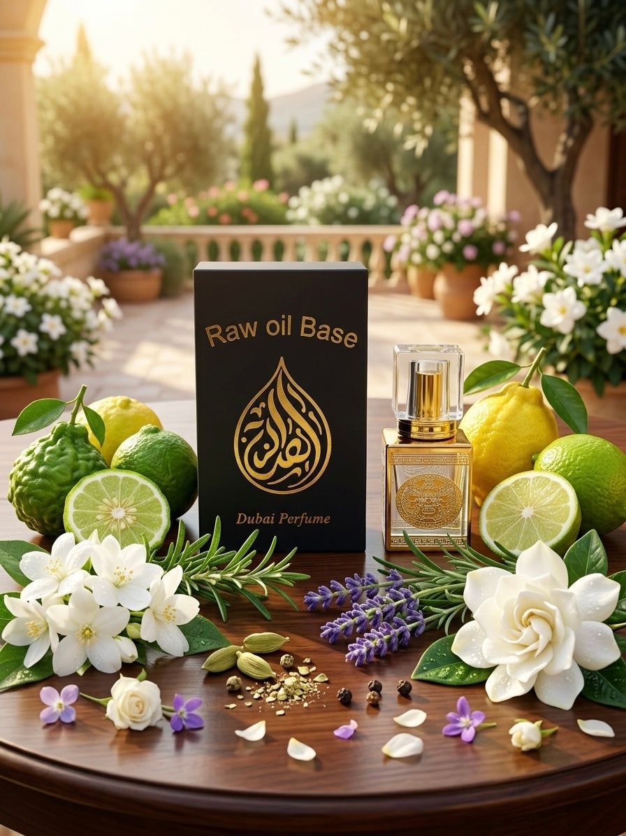 Dubai perfume bottle with 'Raw oil Base' packaging on a table with flowers and fruits