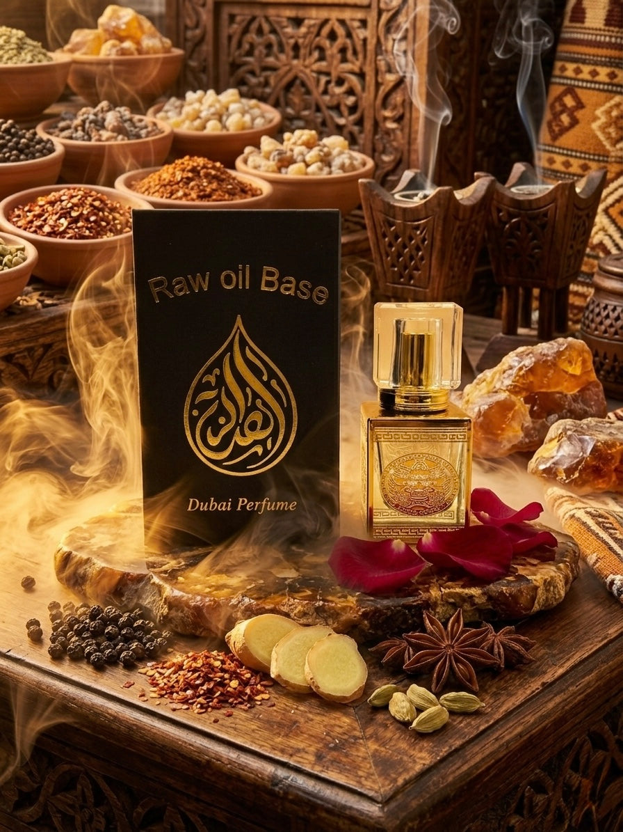 Gold perfume bottle with 'Raw oil Base Dubai Perfume' packaging on a wooden table with spices and incense.