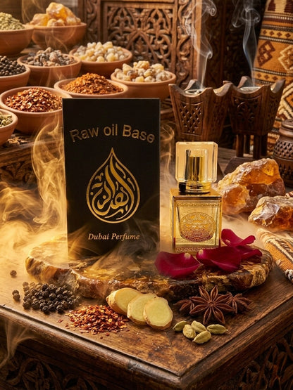 Gold perfume bottle with 'Raw oil Base Dubai Perfume' packaging on a wooden table with spices and incense.