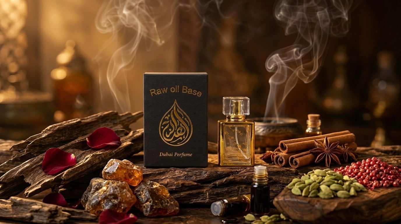 Perfume bottle with 'Raw Oil Base' packaging on a wooden surface with spices and flowers.