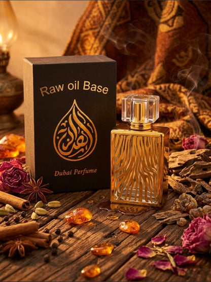 Dubai perfume bottle with 'Raw oil Base' packaging on a wooden surface with spices and flowers.