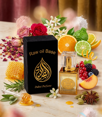 Rose star perfume bottle with ingredients and packaging on a decorative background