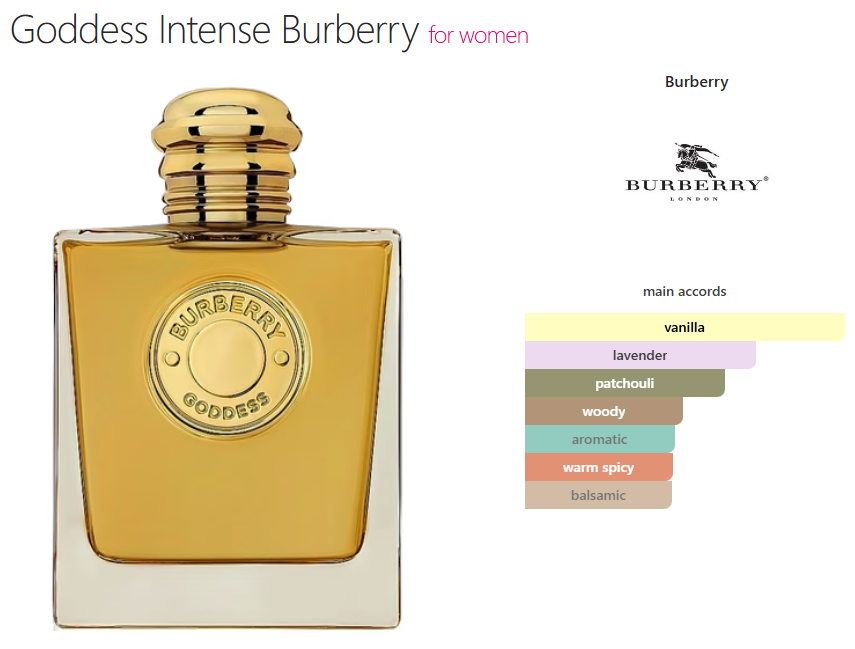 Burberry Goddess Intense (W) oil base vanilla, lavender, patchouli, woody, aromatic, warm spicy, balsamic