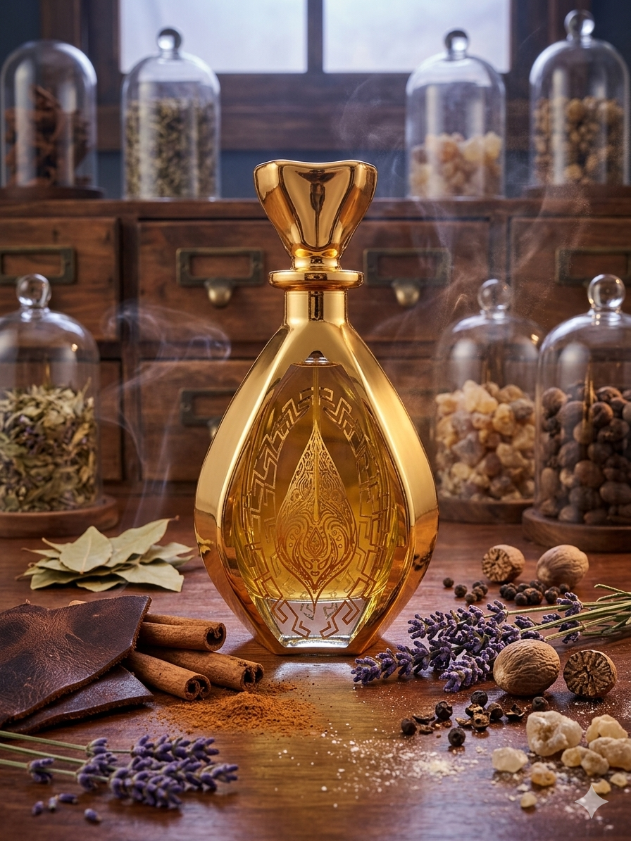 Gold perfume bottle with intricate design on a wooden table with herbs and spices