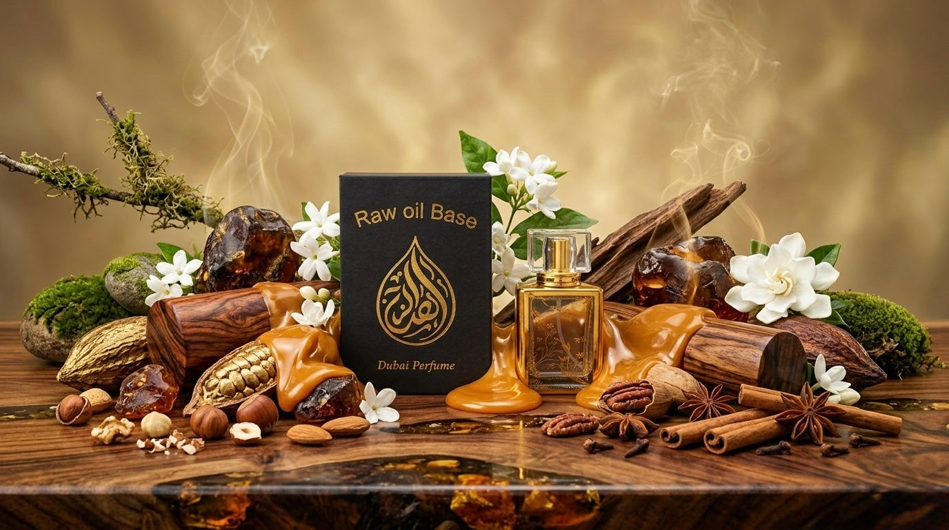 Perfume bottle with 'Raw Oil Base' book and natural elements on a wooden surface