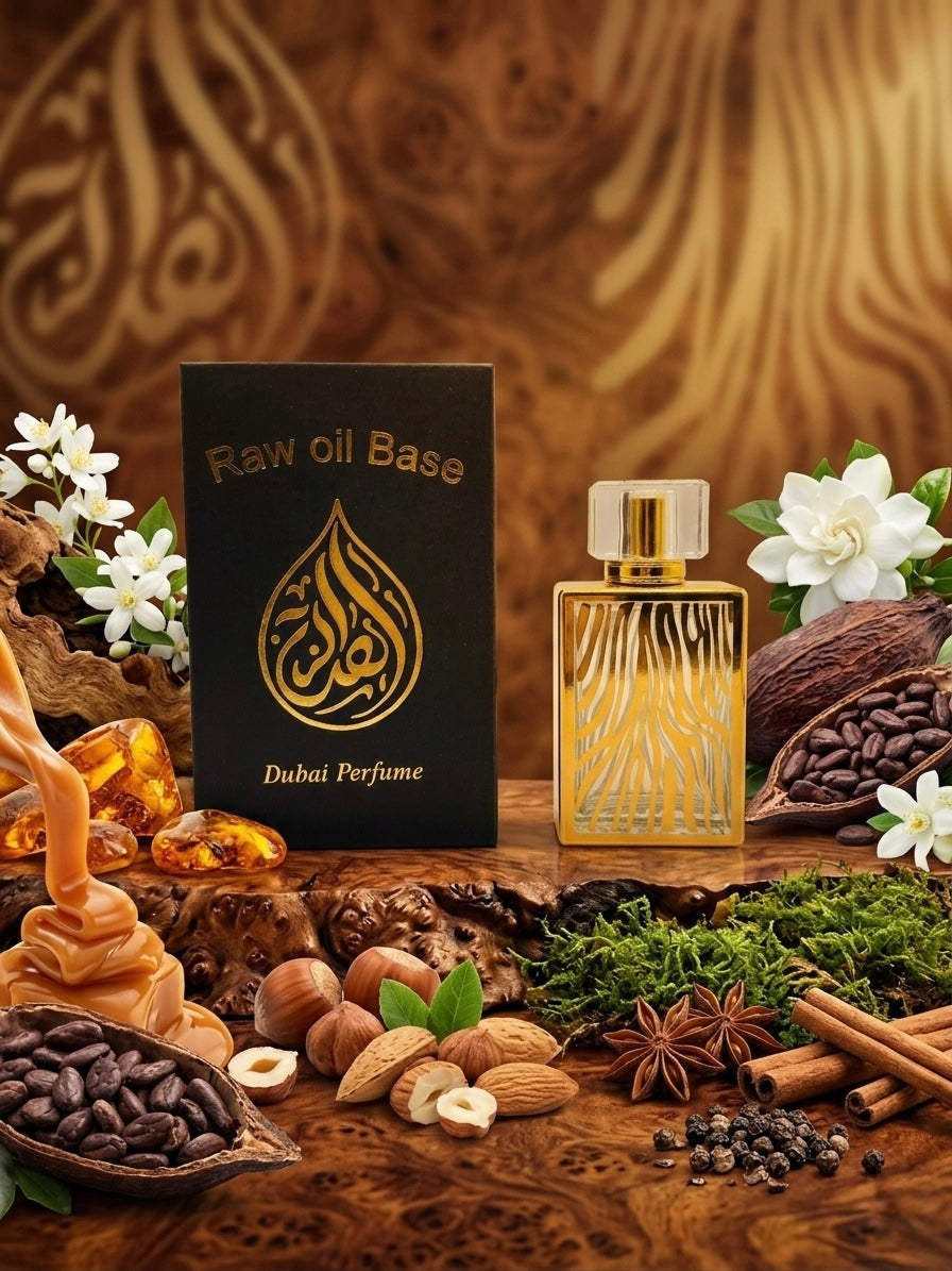 Gold perfume bottle with 'Raw Oil Base Dubai Perfume' packaging on a wooden surface with natural elements.