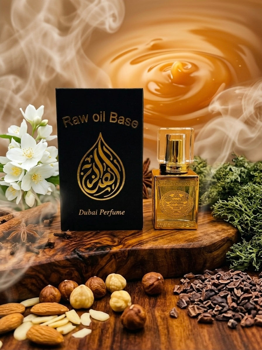 Gold perfume bottle with 'Raw oil Base Dubai Perfume' packaging on a wooden surface with flowers and nuts.