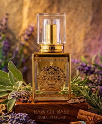 Gold perfume bottle with intricate design on a wooden stand, surrounded by lavender flowers.