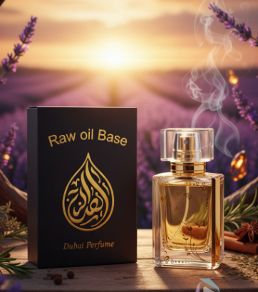 Perfume bottle and packaging with 'Raw oil Base' text against a mystical background