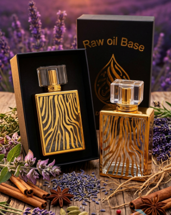 Two gold and black perfume bottles with packaging on a wooden surface with lavender and cinnamon sticks.