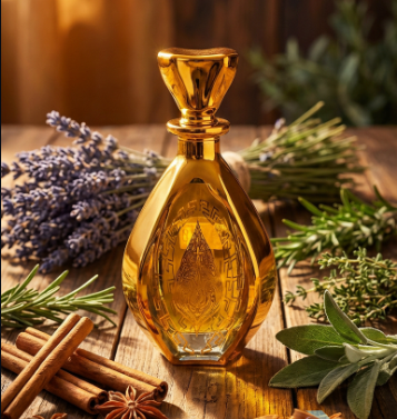 Gold perfume bottle on a wooden surface with lavender, cinnamon sticks, and other herbs.