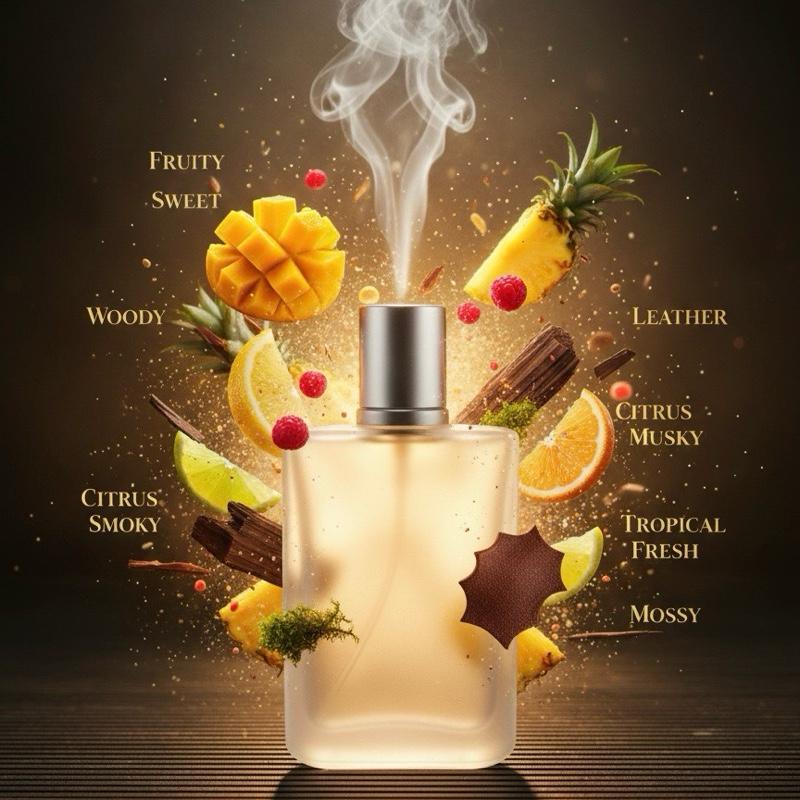 Creed Aventus (M) oil base fruity, sweet, woody, leather, citrus, smoky, musky, tropical, fresh, mossy