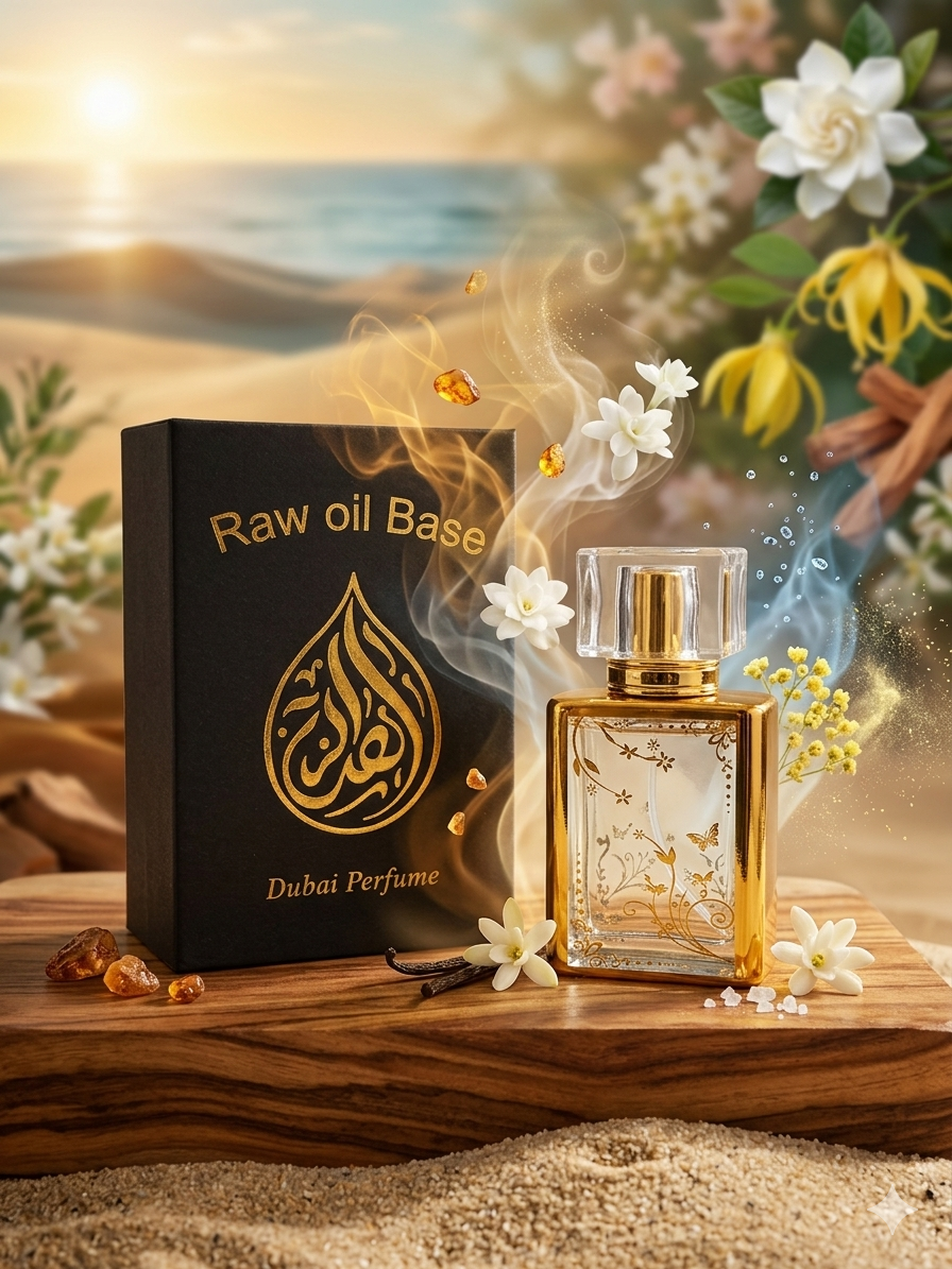 Dubai perfume bottle and packaging with a scenic background