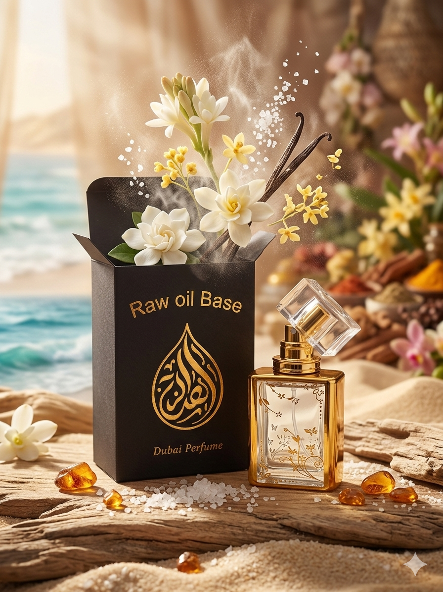 Gold perfume bottle with flowers and 'Raw oil Base Dubai Perfume' packaging on a beach setting