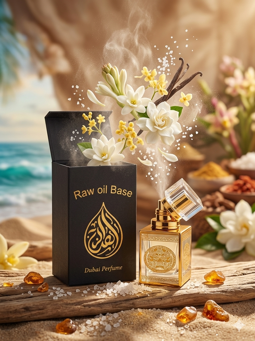 Perfume bottle with flowers and 'Raw oil Base' packaging on a beach setting