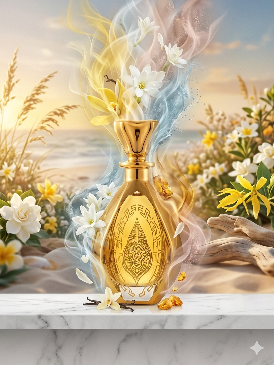 Gold perfume bottle with floral elements on a marble surface