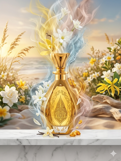 Gold perfume bottle with floral elements on a marble surface