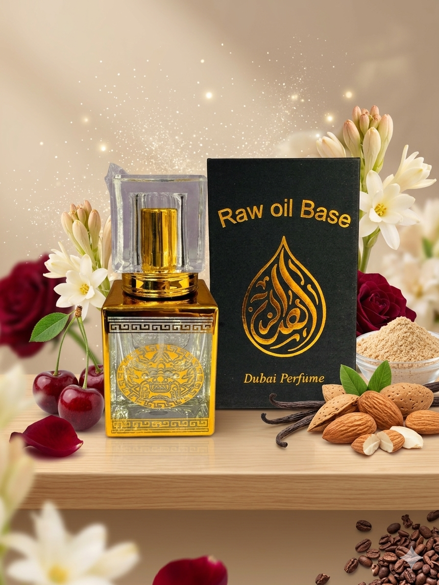 Dubai perfume bottle with packaging and ingredients on a wooden surface with flowers and nuts.