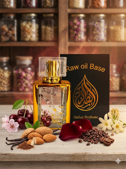 Dubai perfume bottle with ingredients and a 'Raw oil Base' card on a wooden surface.