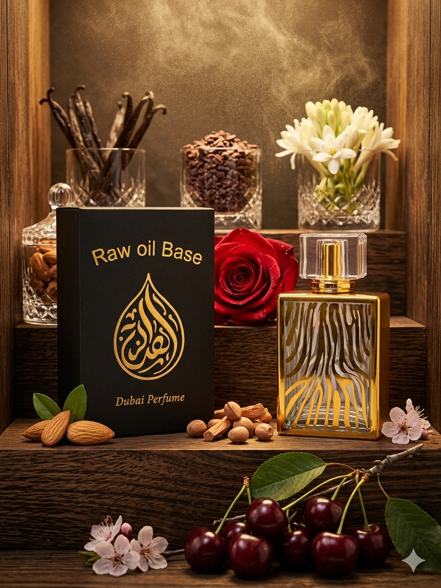 Perfume bottle with 'Raw oil Base Dubai Perfume' book and flowers on a wooden shelf.
