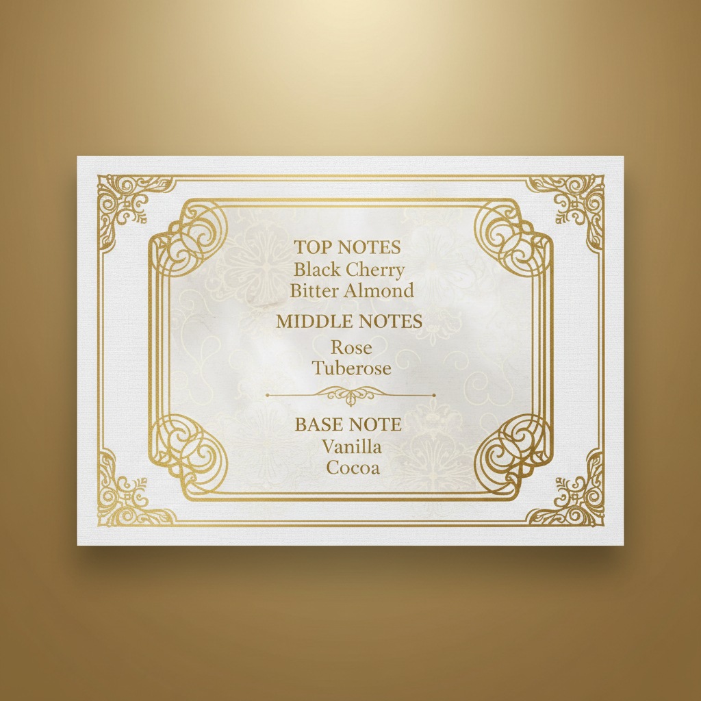 Decorative card with fragrance notes on a gold background