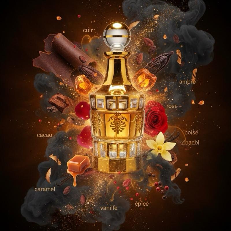 Chemist Fragrance 100 (M) oil base cuir, épicé chaud, oud, ambre, cacao, rose, boisé, animal, caramel, vanille