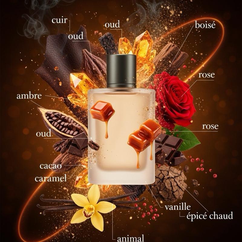 Chemist Fragrance 100 (M) oil base cuir, épicé chaud, oud, ambre, cacao, rose, boisé, animal, caramel, vanille