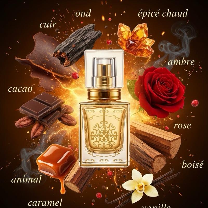 Chemist Fragrance 100 (M) oil base cuir, épicé chaud, oud, ambre, cacao, rose, boisé, animal, caramel, vanille