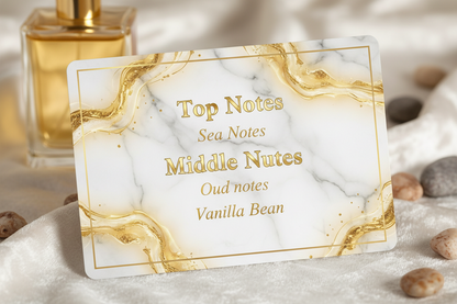 Card with fragrance notes on a marble surface with a perfume bottle in the background