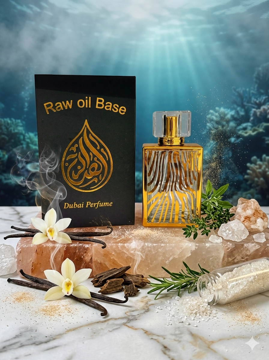 Dubai perfume bottle with vanilla beans, flowers, and a 'Raw Oil Base' book on a marble surface with an underwater background.