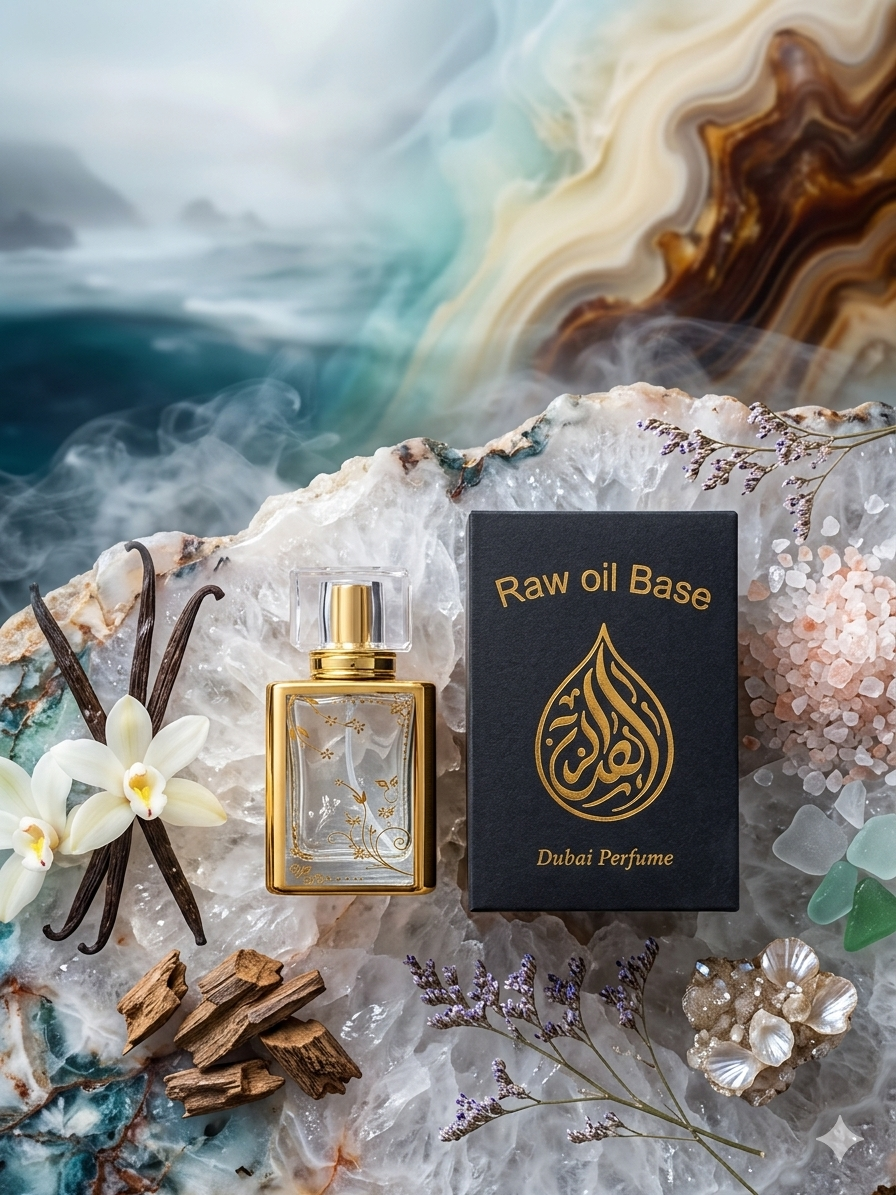 Dubai perfume bottle and packaging on a decorative stone surface with flowers and vanilla beans.